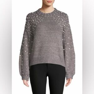 Cliche Mock Neck Pearl Embellished Grey Sweater L